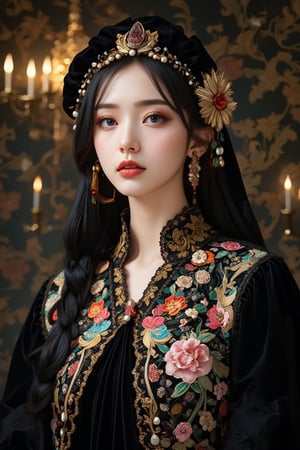 Elegant and stunningly beautiful Uyghur girls, mostly Chinese and Russian mixed-race, with three-dimensional facial features. Wearing David Uygur headdress, Uyghur makeup, charming black velvet base with intricate gold embroidery and pearl embellishments. Exquisite lace trim, Byzantine makeup, pale skin, dark lips, colorful embroidered dress, ruffled puff sleeves. Charming background with Russian folk art patterns. Studio lighting, high-definition fashion photography style, by FluxGothicRealnime, adrr-zllj, lyh, goth girls, ohwx style.