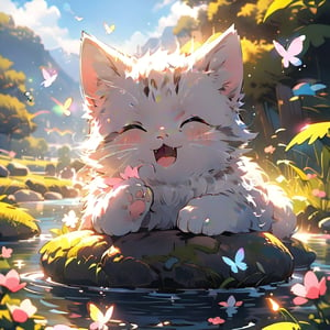 A vibrant anime-style illustration of a cute, young white kitten yawning widely, looking sleepy as it sits in a cozy nest prepared by its owner. The kitten is playful, chasing after rainbow bubbles, surrounded by pink love bubbles. The scene is set outdoors in a picturesque landscape with mountains, water, trees, a river, flowers, butterflies, and birds, under a bright blue sky with fluffy white clouds. The lighting is radiant, enhancing the three-dimensional feel and the glossy fur of the kitten. The image captures the dynamic movement and joyful atmosphere, rendered with realistic textures and vibrant colors, reminiscent of RTX ray-tracing technology.