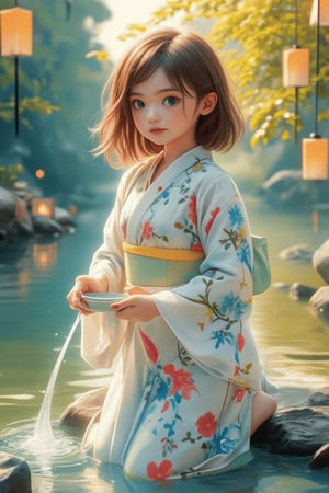 A medium shot of a young girl in a traditional kimono kneeling on the bank of a peaceful river, her large bright blue eyes and silky brown hair catching the soft sunlight and illuminating her pensive face. She gently releases Toro water into the flowing river, with the composition centered around her and the river and vibrant lanterns radiating outward. Watercolor strokes in soft blue and green tones create a peaceful atmosphere, while warm lights and floating lanterns add a soft glow to the tranquil scene.