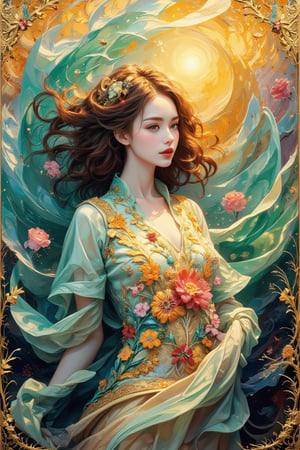 A vibrant oil masterpiece unfolds to reveal ethereal beauty, with flowing hair cradling flowers to the chest. Soft tones of sky green and buttery yellow swirl around her, as if the brushstrokes themselves are alive. The work is a symphony of abstract shapes that echoes the work of Beksinski, Pacheco, Sutherland, and Adams. Van Gogh's expressive brushstrokes imbue the work with an otherworldly essence, as if the fabric of reality is being manipulated on the canvas. The contrast between light and dark is intentional, drawing the viewer's attention to the subject's enigmatic smile.