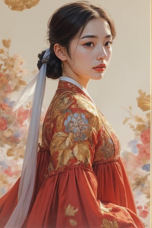 A beautiful European beauty, tall, sexy, and well-proportioned, wears ancient Korean-style clothes and has a popular hairstyle in ancient Korea. She exudes a sense of fashion and custom at the time, casual and elegant. The artwork is meticulously and realistically depicted in inks, pastels, and lacquers, displaying lifelike quality and masterpiece status. 128K resolution captures colorful light wavelengths, mesmerizing reflections, and the delicate oil pastel sketch at the center. Ancient art styles highlight beauty and sophistication.