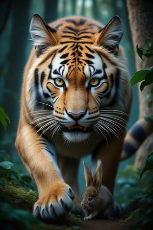 Hyper-realistic art: In the untamed jungle, it is mysterious and unpredictable. There is a national first-level protected cat "Golden Cat" whose appearance is described as follows: The golden cat has a vertical white stripe with black edges on the inside of each eye, and a black-brown and gray-white vertical stripe on its forehead. , extending from the eyebrow arch to the back of the head. The golden cat is a small to medium-sized cat, with a total length from head to body of 66-105 cm. Please show it chasing its prey "hare". Digital and official art.