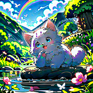 A vibrant anime-style illustration of a cute, young white kitten yawning widely, looking sleepy as it sits in a cozy nest prepared by its owner. The kitten is playful, chasing after rainbow bubbles, surrounded by pink love bubbles. The scene is set outdoors in a picturesque landscape with mountains, water, trees, a river, flowers, butterflies, and birds, under a bright blue sky with fluffy white clouds. The lighting is radiant, enhancing the three-dimensional feel and the glossy fur of the kitten. The image captures the dynamic movement and joyful atmosphere, rendered with realistic textures and vibrant colors, reminiscent of RTX ray-tracing technology.