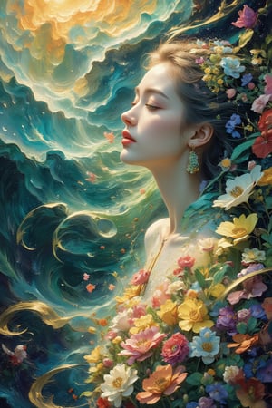 A vibrant oil masterpiece unfolds to reveal ethereal beauty, with flowing hair cradling flowers to the chest. Soft tones of sky green and buttery yellow swirl around her, as if the brushstrokes themselves are alive. The work is a symphony of abstract shapes that echoes the work of Beksinski, Pacheco, Sutherland, and Adams. Van Gogh's expressive brushstrokes imbue the work with an otherworldly essence, as if the fabric of reality is being manipulated on the canvas. The contrast between light and dark is intentional, drawing the viewer's attention to the subject's enigmatic smile.