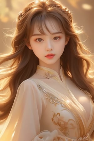 The picture features the face of a stunning Taiwanese woman with long, soft silk-like hair flowing, her brown hair flying, and sun-exposed parts lighter brown. Soft golden light casts a warm glow on her silky white smooth complexion, wearing a very sexy yet generous full-length dress that accentuates her curves. The exquisite clothes set off her face, even more beautiful than the most beautiful woman in the world, drawing attention to her flawless facial features. Her perfect figure and slender legs are subtly hinted at, striking a majestic pose like a bejeweled fantasy princess. Aestheticism, official art.