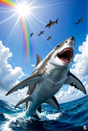 The American movie "Sharks Flying" is exaggerated, but it is shocking. It is an epic medium-sized movie about many sharks flying around in the sky. Although it is not a masterpiece, the number is so large, which increases the visual impact. feel. To add to the surprise, turn each shark into a rainbow of colors. Making the impossible possible, an epic medieval fantasy drama about a noble shark proudly a masterpiece, ink and ink design, official art.