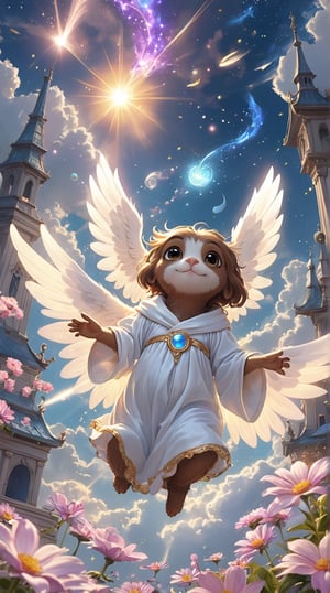 The cute and playful dog is described as a peaceful celestial being with soft, glowing wings and bright, clear eyes open with thick eyelashes in a state of eternal rest. Her body is draped in flowing luminous robes and seems to be floating in the gentle breeze of the sky. Many 3-year-old sloths of both sexes were playing in the clouds, holding various shiny toys in the sky. . The background is a peaceful wonderland (with celestial glowing buildings, flowers, floating clouds and soft light. Particles and sparks of divine energy float lazily around, creating a tranquil, dreamlike picture of a lazy paradise. Beautiful Heavenly art, official art.