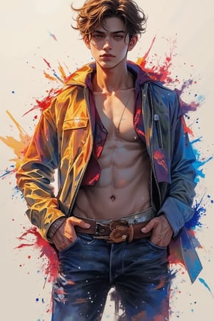 A beautiful European emo handsome guy, tall and sexy, with a well-proportioned figure. He wears fashionable clothes with a fashionable aristocratic feel, casual yet elegant. Using watercolor and gouache splashes, the artwork showcases masterpiece quality and stunning imagery. 128K resolution captures colorful light wavelengths, mesmerizing reflections, and the beautiful gouache sketch in the center. Modern art style highlights beauty and sophistication.