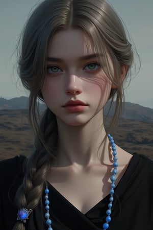 Portrait in digital art technology, depicting a bust of a woman looking directly at the viewer with hypnotic eyes. The author's meticulous depiction of every detail of the character's hairstyles and clothing, especially the sapphire blue beads adorning the model's slender neck, is worthy of admiration. This photograph captures the subtlety and sensitivity of the woman depicted, with carefully recreated West Slavic facial features, prominent cheekbones outlined by delicate lines, and green eyes giving an impression of unusual depth. The woman's face and neck contrast sharply against a strongly silhouetted background depicting a harsh, hilly landscape. 128K, masterpiece.