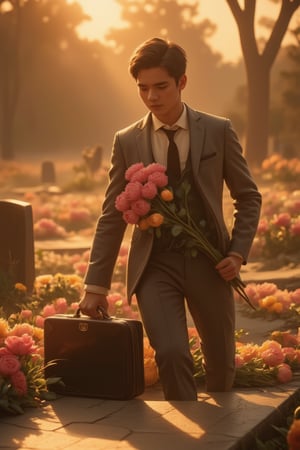 Close-up, 8k, RTX, a strikingly handsome boy, more attractive than a Korean male supermodel, tall with defined abdominal muscles. He stands in a warm, sunlit cemetery, wearing a handmade high-end suit, holding a bouquet of pink carnations in one hand and a briefcase in the other. The flowers are placed in front of a grave, with the briefcase on the ground as he kneels, expressing deep sorrow and longing for his mother. The atmosphere is warm, with light and shadow enhancing the scene, and an ethereal, angelic smile of his mother's soul in the air. Masterpiece.