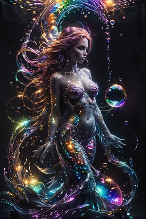 LED light lines for objects, beautiful mermaid body LED line art, rainbow fluorescent lights, ink background, light and shadow, glitter, rainbow bubbles, Vadim Kass art.
A masterpiece of the highest quality. perfect, shining