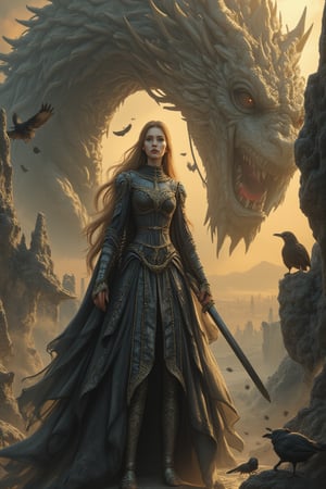 A masterpiece featuring an extremely detailed dragon warrior girl with proud facial features illuminated by warm silver light. She wears a flowing cloak, holding her sword high and looking firmly ahead. In the background, a massive dragon is chained, its scales gleaming like dark gems, as it stares at the female warrior with ancient wisdom. Crows gather on the horizon, threatening the ominous and eerie atmosphere, but the beautiful female warrior remains determined and ready to face challenges. This professional, award-winning artwork showcases intricate detail, ultra-high detail, 8k resolution, volumetric lighting, dynamic lighting, and cinematic aesthetics, with comic book panels by Travis Charest and Phil Noto.