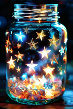 Simple background with a small glass jar. Filled with many three-dimensional stars, the stars are made of crystal material, LED and fluorescent lights are completely combined into iridescence, the fused glowing stars, extreme details, sharp focus on the texture of the crystal and the shape of the stars, detailmaximizer, reality, light Painting, the pinnacle of work.