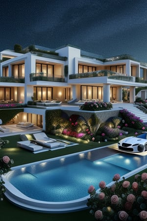 A stunning modern white villa, isolated and serene, with a sleek white Ferrari parked outside. The villa's garden features fragrant Champagne roses and fragrant lilies, adding to the luxurious ambiance. At night, the sky is filled with countless stars, creating a breathtaking view that is both awe-inspiring and beautiful. Nearby, a luxurious Maybach is also present, enhancing the scene's opulence. The composition should capture the elegance of the architecture, the richness of the flowers, and the vastness of the starry night sky, all rendered in high detail to evoke a sense of grandeur and tranquility.