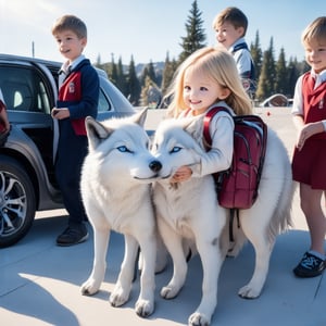 A serene image of a golden-haired, pale-skinned girl with two snow-white wolves, akin to her own alabaster skin, at a schoolyard after class. The girl beams with joy as the wolves greet her, while her classmates look on with apprehension. She reassures them with a gentle smile, clutching her backpack as she heads to a luxurious car, accompanied by the wolves. The scene captures the envy of several boys, their gazes fixed on the departing vehicle. The composition highlights the girl's unique life, filled with skills and societal expectations, yet she resists, only to be caught in a web of admiration and forced marriage, contemplating escape. The lighting is soft, emphasizing the contrast between her radiant presence and the shadows of her complex life, creating a visually stunning and emotionally charged masterpiece.