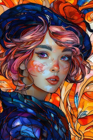 Close-up portrait of a beautiful 19-year-old Korean female supermodel woman with beautiful purple eyes, short pink hair and a pirate turban in the style of Vincent van Gogh in bright colors of deep orange, dark blue and Bold orange with swirling, textured brushstrokes. Artists: Vincent van Gogh, Henri de Toulouse-Lautrec, Paul Gauguin. Painted rose glass art.