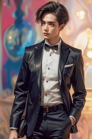 An emo handsome European guy with a tall, sexy, and well-proportioned figure wears fashionable clothes to attend a high-end cocktail party, exuding a luxurious and elegant aristocratic atmosphere inspired by the most popular Paris and Italian fashions. The artwork is meticulously and realistically depicted in watercolor and gouache, showcasing lifelike quality and masterpiece status. The 128K resolution captures colorful light wavelengths, mesmerizing reflections, and delicate gouache sketches of his entire body. The modern art style highlights beauty and sophistication.