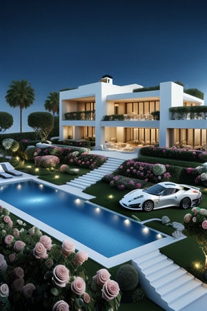 A stunning modern white villa, isolated and serene, with a sleek white Ferrari parked outside. The villa's garden features fragrant Champagne roses and fragrant lilies, adding to the luxurious ambiance. At night, the sky is filled with countless stars, creating a breathtaking view that is both awe-inspiring and beautiful. Nearby, a luxurious Maybach is also present, enhancing the scene's opulence. The composition should capture the elegance of the architecture, the richness of the flowers, and the vastness of the starry night sky, all rendered in high detail to evoke a sense of grandeur and tranquility.