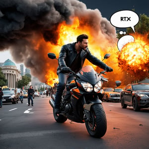 A hyper-realistic 3D rendered scene in ultra-high definition, featuring a strikingly handsome man in a leather jacket, astride a powerful motorcycle amidst a bustling urban street. The background is simple yet detailed, with a variety of vehicles and pedestrians filling the scene. Suddenly, a massive explosion rocks a nearby science and astronomy museum, with vivid flames, thick black smoke, and billowing white clouds. The sound of the explosion is intense, accompanied by a chorus of shocked exclamations. Comic-style speech bubbles, shaped like explosions, appear around the scene, adding to the chaos. The man on the motorcycle, along with others, reacts quickly, some rushing to help while others dial emergency services. The RTX technology enhances the lighting and shadows, creating a dramatic and lifelike atmosphere. The composition captures the urgency and scale of the disaster with exceptional clarity and detail.