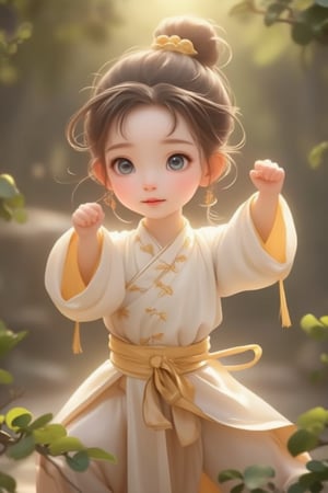 In ancient Han China, a beautiful little girl with difficulty in giving birth was taken to the Shaolin Temple to learn Kung Fu and keep fit. She wore monks' light-colored clothes and practiced Shaolin Temple Kung Fu daily, looking really cute. She sometimes practices kung fu on the tree, appearing smart and cute, with beautiful bright blue eyes and long eyelashes. Her mother is a Western official. The actions listed above appear randomly. Q version cute shape, meticulous details, super high quality, official art.