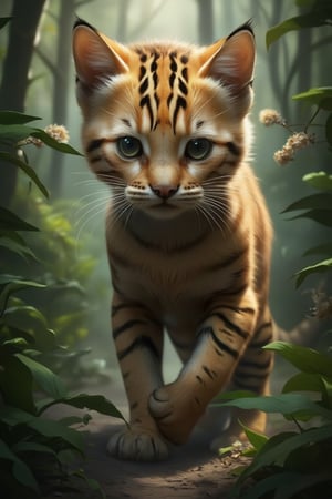 Hyper-realistic art: In the untamed jungle, it is mysterious and unpredictable. There is a national first-level protected cat "Golden Cat" whose appearance is described as follows: The golden cat has a vertical white stripe with black edges on the inside of each eye, and a black-brown and gray-white vertical stripe on its forehead. , extending from the eyebrow arch to the back of the head. The golden cat is a small to medium-sized cat, with a total length from head to body of 66-105 cm. Please show it chasing its prey "hare". Digital and official art.