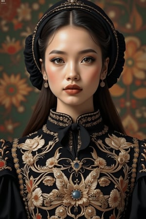 Elegant and stunningly beautiful Uyghur girls, mostly Chinese and Russian mixed-race, with three-dimensional facial features. They wear David Uygur headdresses, Uyghur makeup, and charming black velvet bases with intricate gold embroidery and pearl embellishments. Exquisite lace trim, Byzantine makeup, pale skin, dark lips, rainbow-colored embroidered dresses with ruffled puff sleeves. Charming background with Russian folk art patterns. Studio lighting, high-definition fashion photography style, inspired by FluxGothicRealnime, adrr-zllj, lyh, goth girls, and ohwx style.