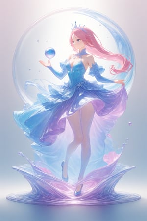 {Elegant crystal clear crystal glass prince, graceful curves, full of marbled pink and blue, liquid (transparent), forming the shape of a woman princess. Prince (man) and texture. Smooth object contours and undulating dynamic motion. Pastel petals float around the vase. }