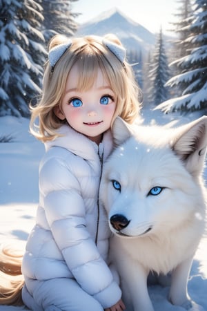 A little girl with blond hair and very fair skin. She is only 4 years old, but she grew up with a snow wolf with white fur and blue eyes. The snow wolf loves the little girl very much. He can put her to sleep and carry her on the grassland. The little girl always smiles happily. The little girl is extremely beautiful, with blue eyes, very lively, and long and thick eyelashes. To make her even more beautiful, she would often roll around on the grass with the snow wolf. The little girl wears all kinds of cute clothes. Outdoors, sunshine, mountains, trees, flowers, birds, butterflies. light and shadow. 