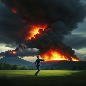 A handsome boy dancing gracefully on a lush green meadow. In the distance, the serene landscape is disrupted by a dramatic scene of an exploding mountain, with fiery bursts, dark clouds, and thick smoke billowing into the sky. The contrast between the boy's joyful movement and the ominous background creates a compelling visual narrative. The composition is framed to capture the boy's expressive dance while hinting at the distant chaos, with the lighting emphasizing the vibrant colors of the meadow against the dark, foreboding elements in the background.