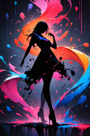 Silhouette of girl, ink strokes in background, looking at viewer, dancing pose, ink rain, stunning image, ink smoke, digital art, professional style, ((Masterpiece Quality: 2)), ink drops and ink droplets Drops also have colorful drop-like extensions for an attractive image.