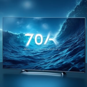 Digital art uses a flat head-up perspective. The text "70K" is displayed on the Sony 120-inch plasma TV screen, and the background is a beautiful deep sea scene. This best photograph captures the essence of modern technology and natural beauty, creating a masterpiece of visually stunning harmony.