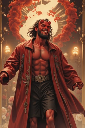 A super masterpiece featuring Hellboy from the popular movie, smiling happily and dancing. As the son of hell with a good heart and superpowers, he loves humans. The highest quality in film and digital art showcases detailed details, capturing his joyful expression. The artwork is inspired by Alphonse Mucha, Boris Valejo, Anne Boonchuy, art_booster, BlackworkStyleManityro, WOWAI, Expressiveh, and Apoloniasxmasbox, creating a visually stunning and dynamic scene.