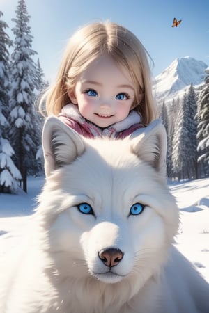 A little girl with blond hair and very fair skin. She is only 4 years old, but she grew up with a snow wolf with white fur and blue eyes. The snow wolf loves the little girl very much. He can put her to sleep and carry her on the grassland. The little girl always smiles happily. The little girl is extremely beautiful, with blue eyes, very lively, and long and thick eyelashes. To make her even more beautiful, she would often roll around on the grass with the snow wolf. The little girl wears all kinds of cute clothes. Outdoors, sunshine, mountains, trees, flowers, birds, butterflies. light and shadow. 