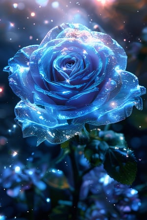 crystal spring blossom, fantasy, galaxy, transparent, shimmering, sparkling, splendid, colorful, magical photography, dramatic lighting, photo realism, ultra-detailed, 4k, Depth of field, High-resolution, blue Rose