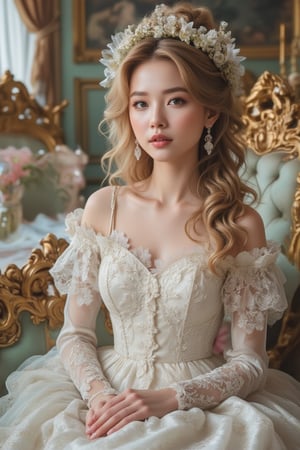 A most beautiful lady in a rococo art style, adorned with flowing, intricate gowns and delicate lace. Her elegant, soft features and gentle expression are captured in a grand, opulent setting, with ornate furniture and lavish decor. The soft, pastel colors and intricate details highlight her beauty and grace, creating a serene and enchanting atmosphere.