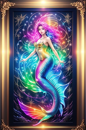 A stunning artwork featuring a beautiful mermaid with a luminous, LED line-art body, adorned with rainbow fluorescent lights. The background is an intricate ink design, with interplay of light and shadow creating depth. Glitter accents and rainbow bubbles add a magical touch. The piece is framed in a way that highlights the interplay of light, making the mermaid's form shine brilliantly. Inspired by Vadim Kass, the composition is a masterpiece of the highest quality, perfectly capturing the essence of radiant beauty and artistic brilliance.