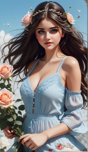 Close-up, young girl with light blue eyes, long thick eyelashes, she looks like 18-year-old Selena Gomez, with messy hair, full body shot, wearing beautiful casual clothes, standing, beautiful Wearing pretty little dresses and casual outfits in all colors are on trend, and she dances to the music and looks happy. There is also a big bouquet of roses in her hand, with braids of roses flying in the air, which is extremely beautiful. High quality. Modifiers: Alphonse Mucha, boris valejo dedecent illustration, Anne Boonchuy, art_booster, BlackworkStyleManityro, WOWAI, Expressiveh, Apoloniasxmasbox