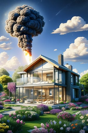 A beautiful single-family house, very modern. They are all made of glass and modern technological metal (fireproof, shockproof), gorgeous, shiny, and super detailed. But for unknown reasons, a fire exploded somewhere in the room, producing a mushroom-shaped fire, black smoke, and a lot of black smoke and black smoke. The clouds and the fire were so strong. The firetruck came a lot brighter. Panic, disaster relief. Starry sky, bright stars, clouds, flowers, trees, gardens, light and shadow, official art.
