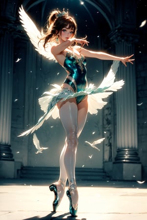 (Masterpiece, best quality, 1 girl, solo), detailed eyes (beautiful emerald green eyes with long and dense eyelashes, long hair (which is decorated with a beautiful crown, hair in a bun, bright purple brown). Lips confident Slightly open,
Scene: Classical ballet, the clothes are white dance costumes. Wear ballet shoes, jump on tiptoes, spin, ((windy_white_hair, ballet posture, ballet {{{{Swan Lake}}} posture, ultra_dynamic_angle, dancing)))