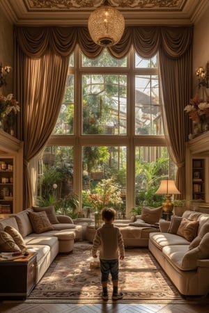 A young boy standing in a luxurious, modern indoor setting, within a grand living room. The room is filled with elegant furniture including a table, chairs, a sofa, and a bookshelf. A vase with fragrant lilies sits on the table. The room features exquisite royal silk curtains, warm lighting, and numerous antique paintings. Luxurious chandeliers and various household items are present. Potted plants and trees add to the ambiance. The living room has a warm color palette, with sunlight streaming in through windows revealing a glass conservatory filled with exotic flowers, birds, and rare plants. The interior design is a masterpiece, showcasing high-quality, modern artistry with every detail meticulously crafted.