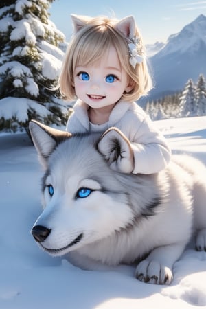 A little girl with blond hair and very fair skin. She is only 4 years old, but she grew up with a snow wolf with white fur and blue eyes. The snow wolf loves the little girl very much. He can put her to sleep and carry her on the grassland. The little girl always smiles happily. The little girl is extremely beautiful, with blue eyes, very lively, and long and thick eyelashes. To make her even more beautiful, she would often roll around on the grass with the snow wolf. The little girl wears all kinds of cute clothes. Outdoors, sunshine, mountains, trees, flowers, birds, butterflies. light and shadow. 