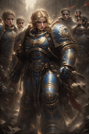 The beautiful girl with perfect golden proportion facial features, beautiful and smart blue eyes, long and thick eyelashes, looking at the camera affectionately, people call her {{{Joan of Arc}}}, perfect body ratio of 1:8, athlete General figure, medieval art, medieval armor and equipment. Wearing golden armor, she is French and carries a medieval sword. She is fighting for the people of France against the British invading army. Her beautiful short golden wavy natural curly hair is still visible under the helmet. Her perseverance and Fighting for the people and their faith in God, war is painful. She waved the French flag in one hand and held a sword in the other, leading the people to fight for freedom. This is a sectarian holy war. The whole scene was chaotic, with numerous casualties. Under the natural light, she is beautiful and majestic. Even the people in front of the camera were so attracted that they couldn't look away. Shocking and amazing. Clothes: Elements and objects appearing between 1413 and 1431 BC are consistent with this painting. Miracle. Bible Stories. Expressed with Da Vinci artistic design. The epic legend lives on to this day.