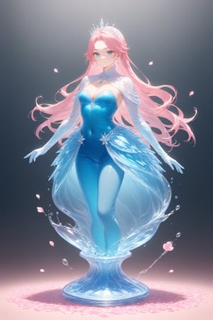 {Elegant crystal clear crystal glass male prince, graceful curves, full of marbled pink and blue, liquid (transparent), forming the shape of a female princess. Lion and texture. Smooth object contours and undulating dynamic motion. Pastel petals float around the vase. }