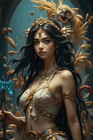 A masterpiece, top-quality, official art, featuring an extremely detailed image of the goddess Athena merged with the beautiful face of an Indian girl, a mythical creature from Greek mythology. She has a warlike and majestic temperament, patron saint and goddess of the palace, wearing ancient Greek battle uniforms and helmets to protect herself. She is surrounded by an owl, an olive branch, a snake, a reed pen, a spinning rod, and a spindle shaped like the devil's face. As a goddess of beauty and wisdom, one of the twelve Olympian gods, she stands in a dimly lit background with shadows highlighting her exquisite figure. The overall atmosphere is one of mystery and awe, capturing her powerful and blessed nature, enhanced by colorful, supreme detailed fractal art and a dreamy atmosphere with vibrant colors.