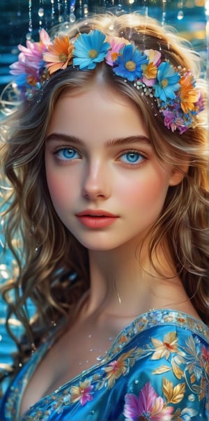 Masterpiece, HD, 8K, charming minimalist illustration of an 18-year-old girl. ((drawn from head to thigh)), low angle, delicate brushstrokes, long curly hair, high bangs, floral hair accessories, big and bright blue eyes, thin eyebrows, plump cheeks and lips, fair complexion, silk elegant. With a slender body, the painting emphasizes delicate colors. The girl shows off various poses of a professional model. The clothes she wears are beautiful and unique national costumes from various countries.
The background is water drops. The energetic, lively expression embodies the girl's magical presence. Feel. fractal art, glitter,BugCraft