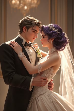 Neoclassical anime-style artwork depicting an emotional French aristocratic wedding scene. A boy and girl, looking at each other, dance the tango gracefully. The girl wears a bridal veil, a beautiful white one-piece wedding dress, exquisite makeup, jewelry, necklaces, earrings, and a bridal bouquet. She has purple-black silky curly hair, bright green eyes, long eyelashes, and a confident smile. The boy is wearing a tuxedo and bow tie, with silver-grey hair, bright blue eyes, and a nervous expression. The image focuses on their entire bodies, showing off the height difference, wavelengths of light, and the blurry tango hall background enhanced by 128k resolution and detailed imagery. Happy wedding.