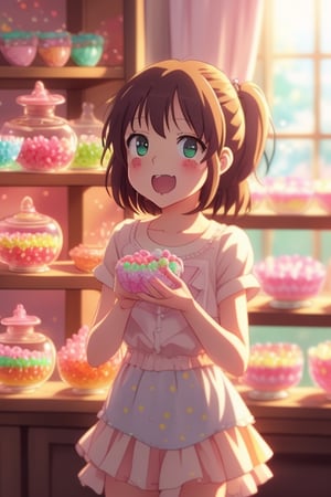 Create an anime-style illustration of a young girl standing in a quaint dessert shop, her eyes wide with wonder as she admires a display of vibrant, colorful candies. The shop is warmly lit, with soft, pastel-colored walls and wooden shelves filled with various sweets. The girl is dressed in a cute, casual outfit, her pose animated and joyful. The focus is on her expression and the array of candies, with light streaming in through a nearby window, highlighting the textures and hues of the candies and the girl's excited face.