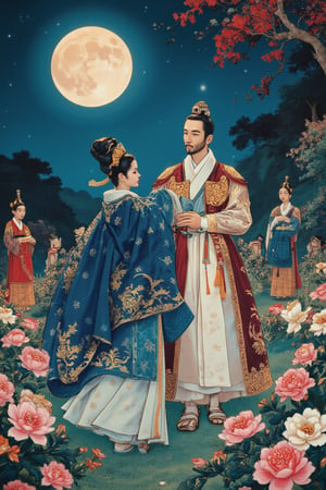 In a bright midnight, the handsome king, more striking than modern Korean male models, strolls the royal garden without a crown. A sleepless concubine joins him, bowing before shyly expressing her affection. The king, equally enamored, embraces her. Guards and maids respectfully step back. The scene, bathed in moonlight and surrounded by beautiful flowers, is captured in a perfect work of ink art, with exquisite light and shadow, creating a beautiful and serene composition.