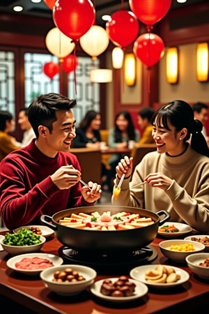 In a Chinese hot pot restaurant, a handsome young man and his beautiful young woman celebrated their two-year anniversary. They happily ate hot pot. The ingredients were very luxurious and fresh. (fresh food), sheep, beef, pork slices, enoki mushrooms, etc., there are love balloons and cakes around, lively atmosphere, background is diners in the restaurant, scene, lively, ultra-detailed realistic details, masterpiece, 8K