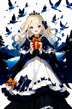 1girl, solo, long curly blond hair with silver highlights, looking at the audience, blushing face, air bangs, , hair accessory, big blue eyes, long eyelashes, long sleeves, dress, bow, holding, open mouth smile, bow hair, ruffle, bow tie, luxury lace princess dress, fur trim, black bow, capelet, watermark, stuffed toy, frilly dress, stuffed animal, crown, box, gift, lolita fashion, teddy bear, orange bow, Mini crown, holding stuffed toy, toned, background: mountains, trees, water, flowers, butterflies, dragonflies, birds. light and shadow. Anime style.